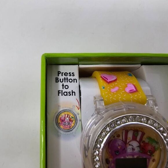 SHOPKINS ANALOG LCD FASHION WATCH RUBBER BAND YELLOW CLEAR CRYSTALS NEW - Picture 3 of 6